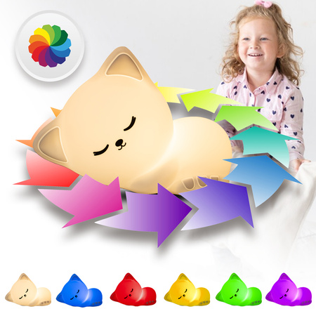 Lampka nocna LED dla dzieci KOTEK wielokolorowe światło RGB miękki silikon