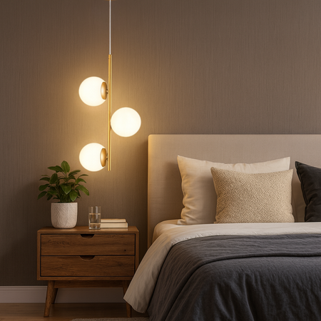 Lampa sufitowa złota metalowa z 3 mlecznymi kloszami ozdobna E27 pionowa