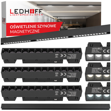 ZESTAW M20 3x Lampa soczewkowa punktowa LED 12W 22cm czarna 3 BARWY ŚWIATŁA + szyna magnetyczna 1m