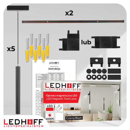 Oświetlenie szynowe magnetyczne ZESTAW 2x listwa 1m + 5x lampa wisząca TUBA LED czarna