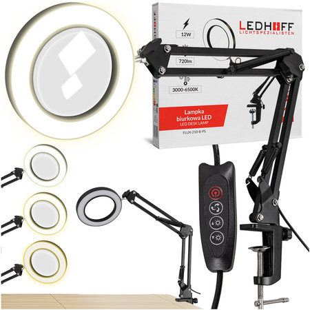 Lampa biurkowa LED czarna 12W z lupą szkłem powiększającym