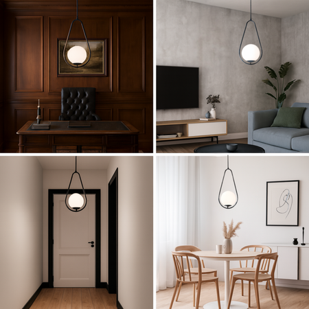 Lampa sufitowa czarna metalowa z mlecznym kloszem ozdobna szklana kula E27 rama kropla