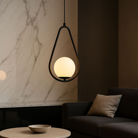 Lampa sufitowa czarna metalowa z mlecznym kloszem ozdobna szklana kula E27 rama kropla