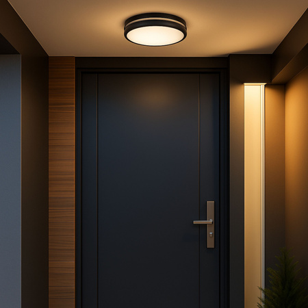 Plafon sufitowy LED okrągły czarny 3 barwy światła zmienna moc 22cm IP54 z czujnikiem ruchu