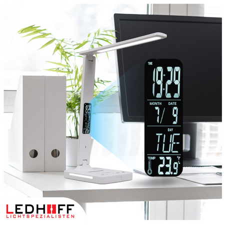 Lampka biurkowa LED biała 8W + budzik kalendarz ekran LCD + ładowarka indukcyjna