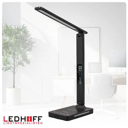 Lampka biurkowa LED czarna 8W + budzik kalendarz ekran LCD + ładowarka indukcyjna