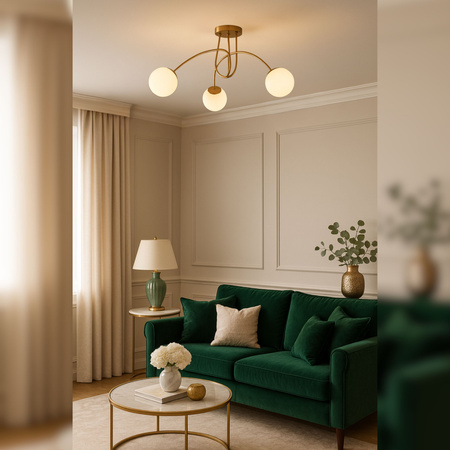 Lampa sufitowa złota metalowa z 3 mlecznymi kloszami ozdobna E27 design