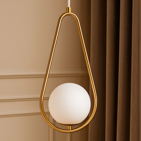 Lampa sufitowa złota metalowa z mlecznym kloszem ozdobna szklana kula E27 rama kropla