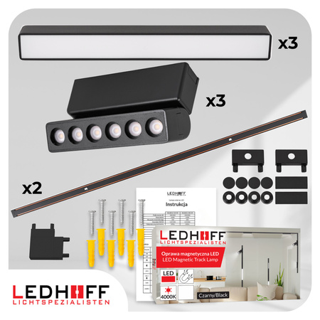 Oświetlenie szynowe magnetyczne ZESTAW 2x listwa 1m + 6x lampa LED CZARNA