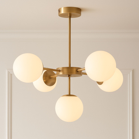 Lampa sufitowa złota metalowa z 5 mlecznymi kloszami ozdobna E27