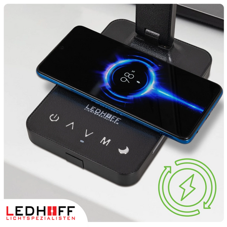 Lampka biurkowa LED czarna 8W + budzik kalendarz ekran LCD + ładowarka indukcyjna